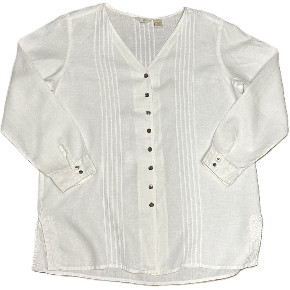 J. Jill 100% Linen Long‎ Sleeves Button Up Pintuck Lace Tunic Medium Women's